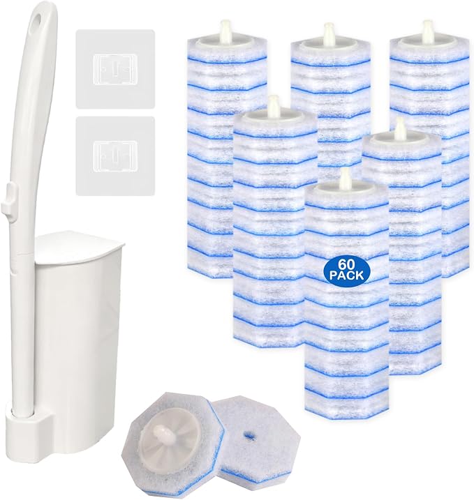 Disposable Toilet Brush and Holder Set, 60 Pre-Filled Refills, 5X Powerful No-Shed Pads, 360° Deep Toilet Bowl Clean, Toilet Bowl Cleaners with Storage Caddy & Adhesive Hooks