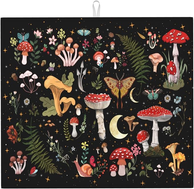 Mushroom Dish Drying Mat for Kitchen Counter Moth Gothic Witchy Dish Drainer Rack Mats 16x18 Inch Absorbent Reversible Black Drying Pad