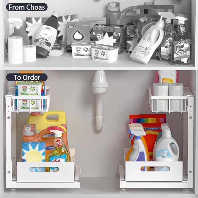 Saydear 2-Pack L-Shaped Under Sink Organizer, 2-Tier Pull-out Cabinet Rack | White Height-Adjustable Steel Rack, Sliding Grid Drawers with PP Liners, Holds 100 Lbs, Suction Base, Ideal Kitchen Storage