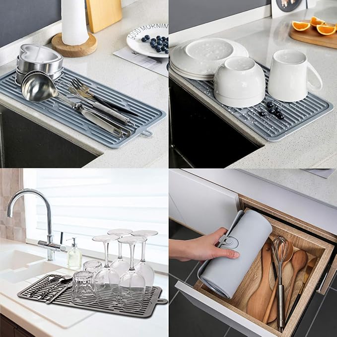 Dish Mat Silicone Dish Drying Mats Works For Drying Stemware Cocktail Glasses Silverware Pots Pans Knives and Dish Rack for Kitchen Counter Sink Bar Pads Easy to Clean (Gray)