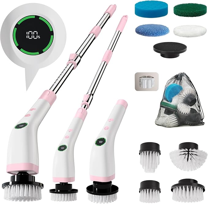 Electric Bathroom Cleaning Brush Cordless Shower Scrubber SD-CTB01 | Spin Scrubber Full Body Waterproof IPX7 with Adjustable Handle, 8 Replaceable Brush Heads for Bathtub/Kitchen/Window/Home