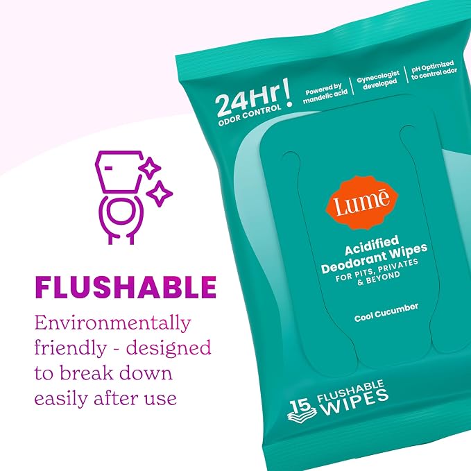 Lume Acidified Deodorant Wipes - 24 Hour Odor Control - Aluminum Free, Baking Soda Free, Skin Loving - 15 Count (Pack of 3) (Cool Cucumber)