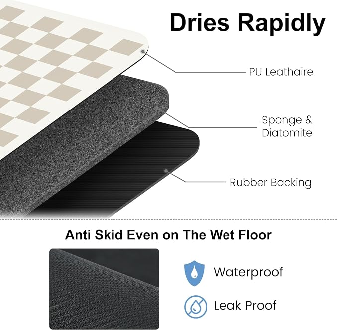 Clinuse Coffee Mats, 19"x12" Checkered Dish Drying Mat for Kitchen Counter, Quick Dry Mat, Diatomite Absorbent Aesthetic Large Drying Mats for Coffee Bar - Khaki White