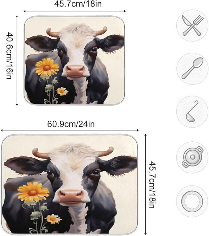 Dish Drying Mat Kitchen Counter Absorbent Flower Cow Coffee Sink Mat Dish Drainer Pad 18 Inch x 16 Inch