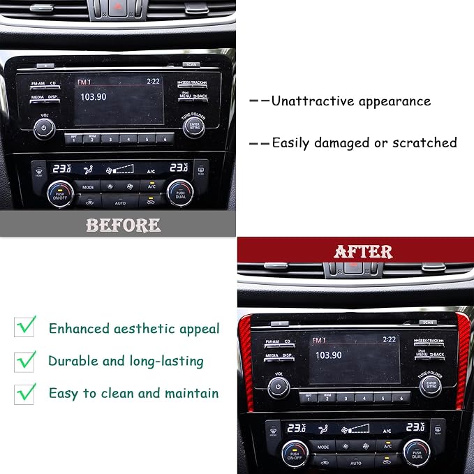 Red Real Carbon Fiber Trim for Nissan Rogue Accessories | for 2014-2020 / Rogue Sport 2017-2022 Navigation Display Side Strip Sticker Interior Thick Overlay Decal