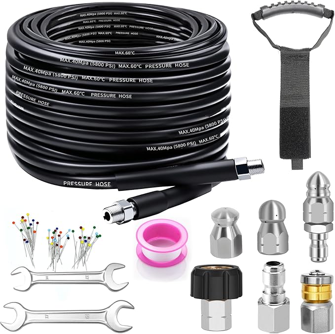 Sewer Jetter Kit for Pressure Washer, 25FT Drain Cleaner Hose 5800PSI with 1/4 Inch NPT Corner, Rotating Nozzle and 4 Different Button Nose Sewer Jet Nozzles, Waterproof Tape and 2 Spanners (Black)