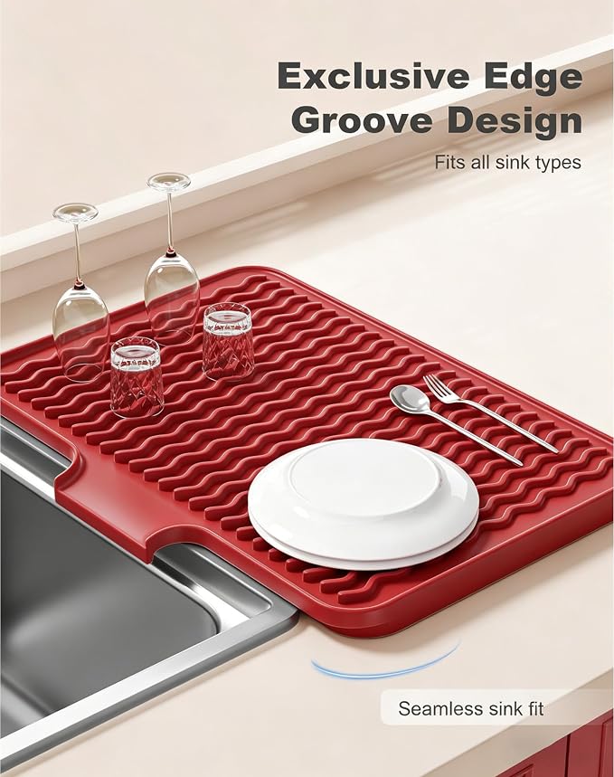 Rnivvi Silicone Dish Drying Mat for Kitchen Counter, 16 x 12" Drainer Pad with Drainage Spout, Non-Slip Countertop Protector Heat Resistant Trivet, Kitchen Decor Mat Sink Drip Pad for Dishes, Red