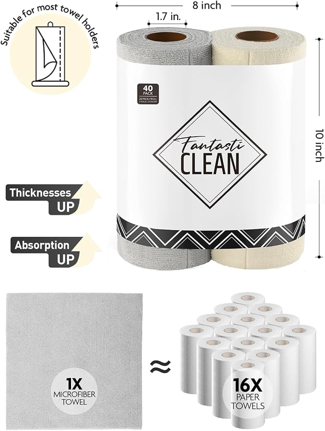 Fantasticlean Kitchen Towels Roll, 40 Sheets, 10''x 10'' (Beige, Grayish) | Tear-away Dish Towels for Kitchen, Ultra Absorbent, Lint-free, Premium Microfiber Cleaning Cloths, for All-Purpose Cleaning