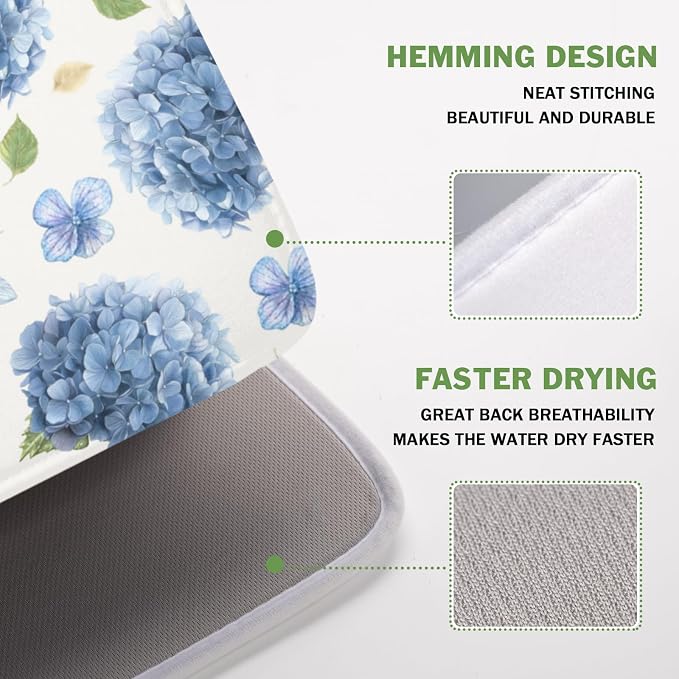 Spring Summer Blue Floral Dish Drying Mat 16x18 Inch | Hydrangea ，Polyester，Absorbent Microfiber，for Kitchen Coffee Dining Bar Decor