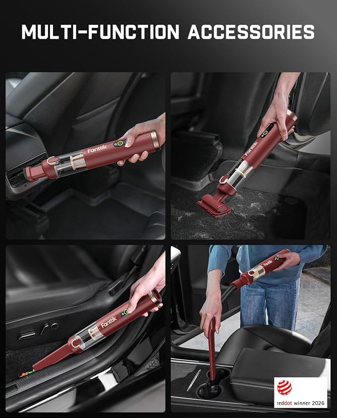Fanttik Slim V10 APEX Cordless Car Vacuum, 4-in-1 Portable Mini Handheld Vac, 19kPa Suction Power, Upgraded Smart Digital Display, 2 Suction Modes for Small Jobs, Car, Office Desk, Keyboards (Red)