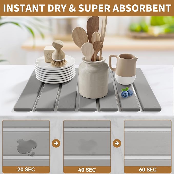 Stone Dish Drying Mat for Kitchen Counter,15.5''x11.8'' Foldable Quick Dry Stone Kitchen Mat,Eco-Friendly,Absorbent Diatomaceous Earth Mats for Dishes Bottles Cups Bathroom Any Countertop-Light Gray