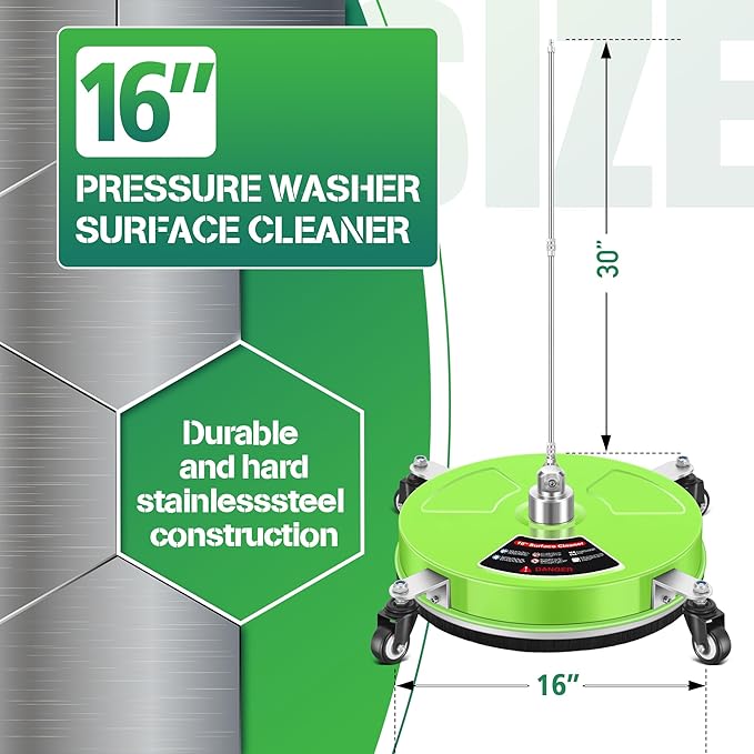 LidoDola 16'' Pressure Washer Surface Cleaner Green, Power Washer Accessory | Stainless Steel Housing with 4 Wheels, 1/4" QC, 2 Extension Wands & 2 Replacement Nozzles, for Gas & Electric Pressure Washer