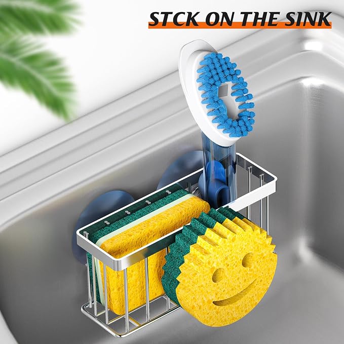 MURLONG Sponge Holder Smiley Face,Sink Caddy for Kitchen Sink,Sponge Holder with 2 PCS Suction Cups/1 PCS Adhesive Strips,Designed for Sponge,Soap,Dish Brush,Scrubber-Silver