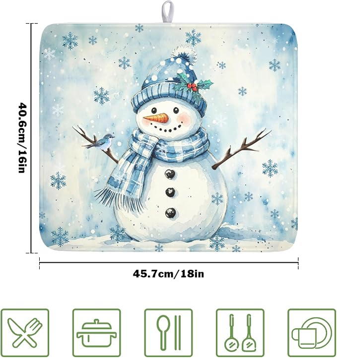 Winter Snowman Dish Drying Mat for Kitchen Counter 16x18 Inch | Blue Christmas Snowflake Snow Scene Dish Drainer Mat Rustic Seasonal Holiday Absorbent Washable Drying Pad