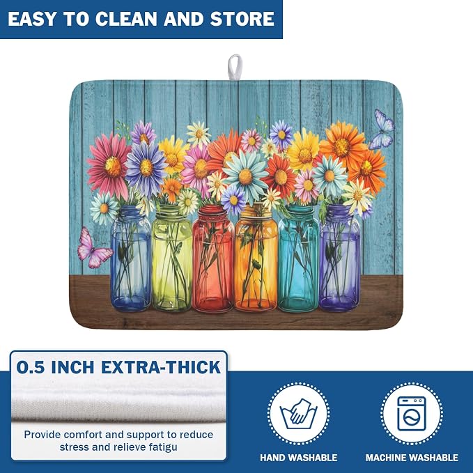 Vintage Floral Dish Drying Mat for Kitchen Counter Rustic Flower Vases Wooden Board Microfiber Dish Drainer Mat Spring Summer Absorbent Washable Drying Pad Extra Large 18"x24"