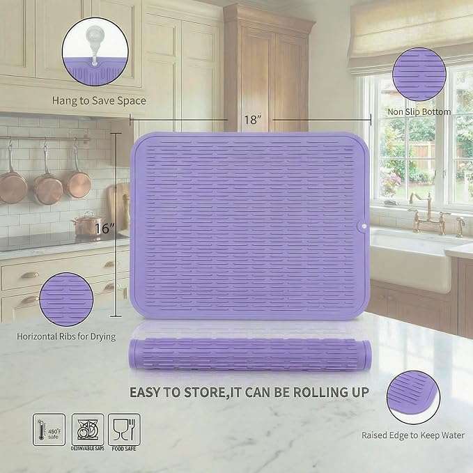 MicoYang Silicone Dish Drying Mat for Multiple Usage,Easy clean,Eco-friendly,Heat-resistant Silicone Mat for Kitchen Counter or Sink,Refrigerator or Drawer Liner Light Purple XL 18 inches x 16 inches