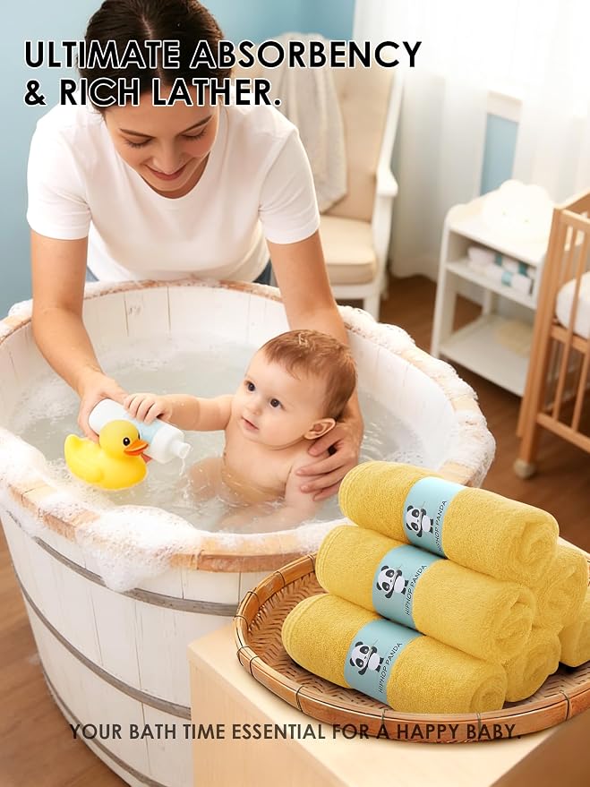 HIPHOP PANDA Baby Washcloths, Rayon Made from Bamboo - 2 Layer Ultra Soft Absorbent Newborn Bath Face Towel - Reusable Baby Wipes for Delicate Skin - Honey, 6 Pack