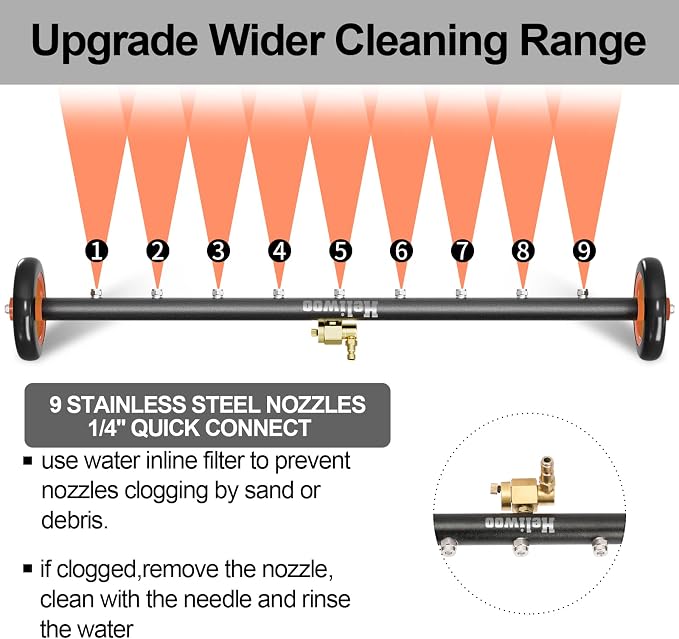 Undercarriage Pressure Washer Attachment 30 inch, Water Broom 4000 PSI | Heliwoo Dual Function Power Washer Surface Cleaner with 9 Nozzles & 3pcs 1/4’’ QC Extension Wand for Chassis Driveway Yard