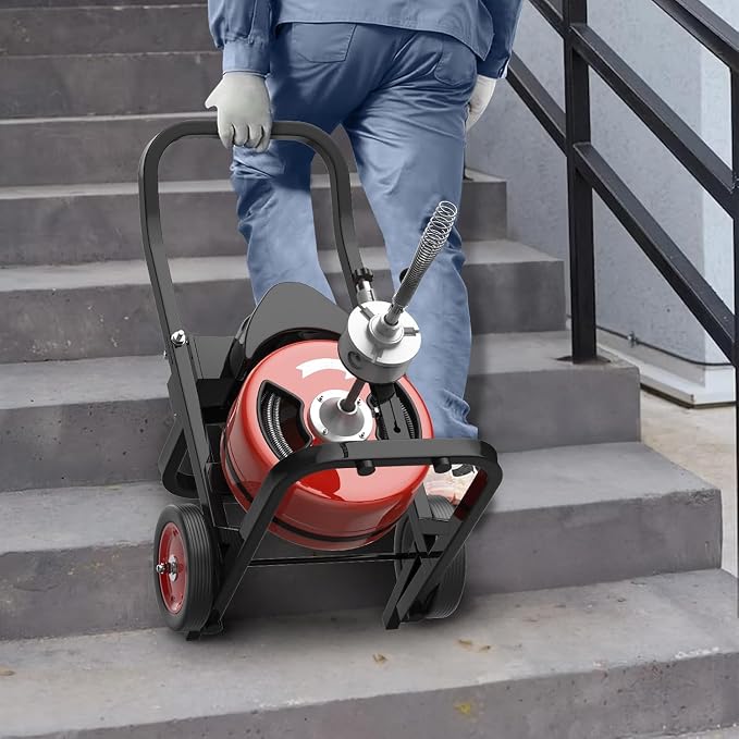 Garvee 100Ft 1/2 Inch Drain Cleaning Machine, 450W Portable Drain Cleaning Machine Auto Feed Electric Sewer Snake, Electric Drain Auger with 6 Cutter Air-Activated Foot Switch for 2" to 4" Pipes