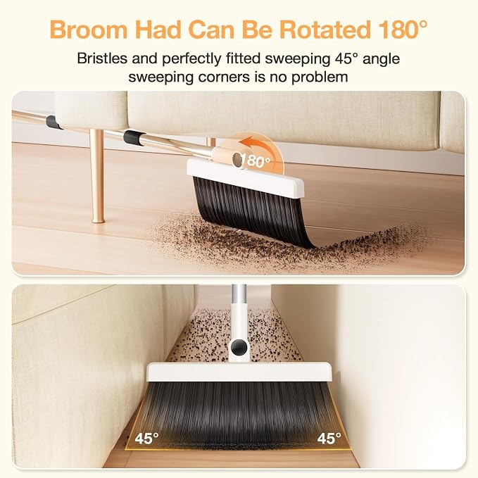 Broom with Dustpan Combo Set,UOEOS One-Sweep Clean,Pet Hair Removal Broom with Self-Cleaning Double-Layer Teeth,High Density Broom and Windproof Dustpan for Indoor&Outdoor