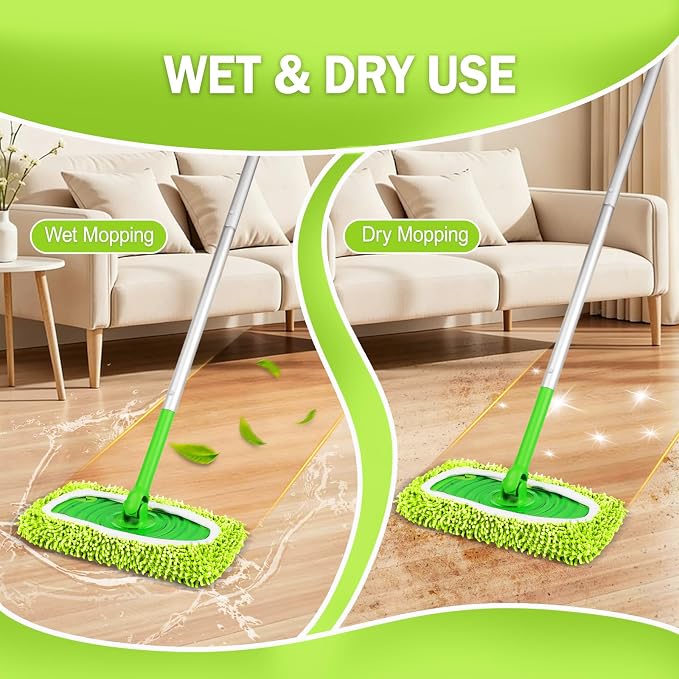 8 Pack Reusable Mop Pads Compatible with Swiffer Sweeper, Dry Sweeping Cloths & Wet Mopping Cloths - Microfiber Mop Pads for Hardwood Floors, Floor Cleaning, Wood Floors (Fluorescent Green)