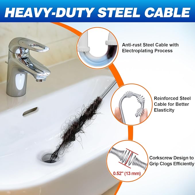 Drainsoon Auto Feed Drain Auger with Drill Adapter, 33 Feet Drain Snake Hair Clog Remover, Manual or Powered Plumbing Snake Drain Cleaner for Bathroom, Shower, Kitchen Sink, Comes with Gloves