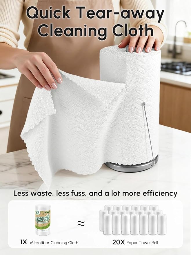Microfiber Cleaning Cloths Roll, 75 Pack Tear Away Microfiber Towels Roll, 12" x 12" Lint Free Rags, Reusable Cleaning Cloths, Washable, Scratch Free,Ultra Absorbent Dish Rags(White Ripple)