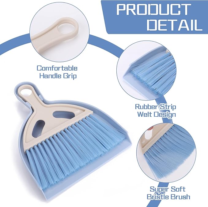cobee Small Broom and Dustpan Cleaning Set, Mini Whisk Dustpan and Brush with Handle Portable Table Top Dust Pan Dining Table Crumb Sweeper Cleaning Tools with Soft Bristles for Housekeeping(Blue)
