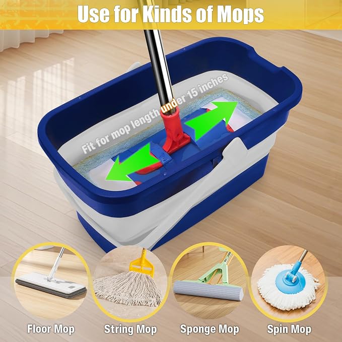 Collapsible Mop Bucket for Cleaning with Handle, 3 Gallon | Silicone Square Wash Bucket for Windows Cleaning Car Washing|Cleaning Supplies Organizer Plastic Water Bucket for Storage