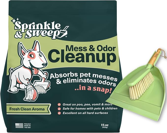 Sprinkle & Sweep: Pet Mess & Odor Cleanup Duo - 15oz Bag & Dustpan Broom - Dog Accident Clumping Powder, Remove Urine-Poop-Vomit from Hard Services