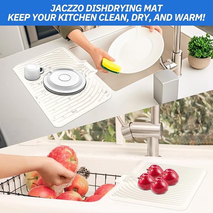Dish Drying Mat for Kitchen Counter, with Built-in Drain Lip, Food-Grade Silicone, Easy Clean Pad for Countertop Protection, Multi-Functional Use (18x11.8, Cassava White)