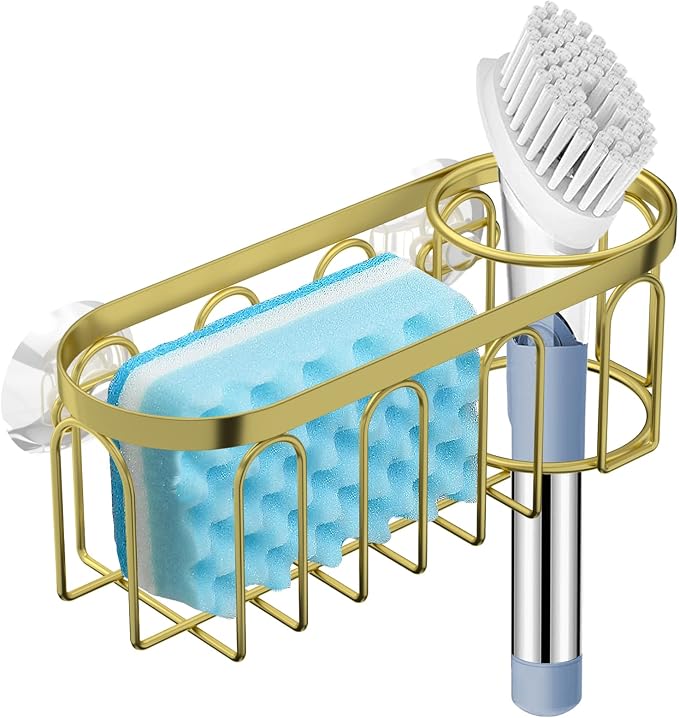 2-in-1 Sponge Holder for Kitchen Sink, Sink Caddy Kitchen Sink Organizer with 3 Suction Cups, No Drill Rustproof Sink Sponge Holder for Dish Brush, Soap & Sponge (Gold)