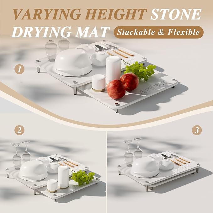 Pearl White 2Pcs Large Stone Dish Drying Mat with Acacia Wood Holder Stand for 1 Inch Cutting Board and Stone Drying Mat for Kitchen Counter Quick Dry Diatomaceous Earth Mat for Kitchen Counter