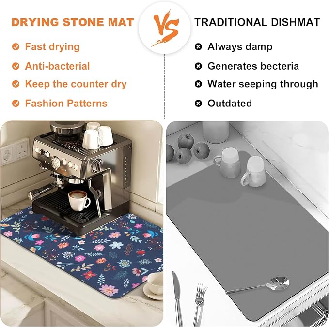 LOKHOM Dish Drying Mat for Kitchen Counter, 12"x20" Absorbent Vintage Diner Rack Mats with Colorful Floral Pattern for Coffee Maker, Coffee Pot, Dining Room Decoration