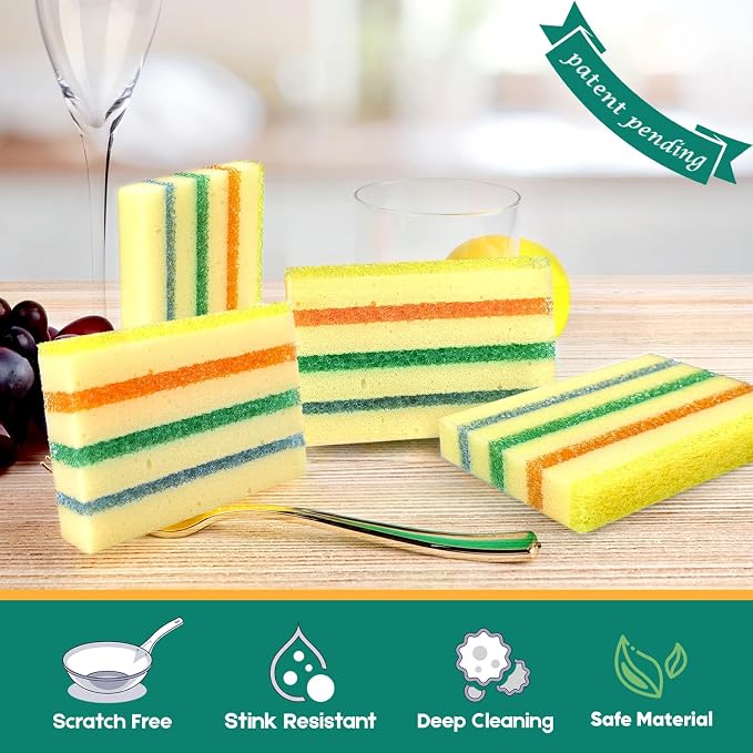 LAUNDRYLUX 6 Pack Scrub Sponge - Temperature-Responsive - 50% More Power & Rinses Cleaner Cleaning Sponges, Multipurpose Dish Sponges for Kitchens, Bathrooms, and Outdoor Use - Patent Pending