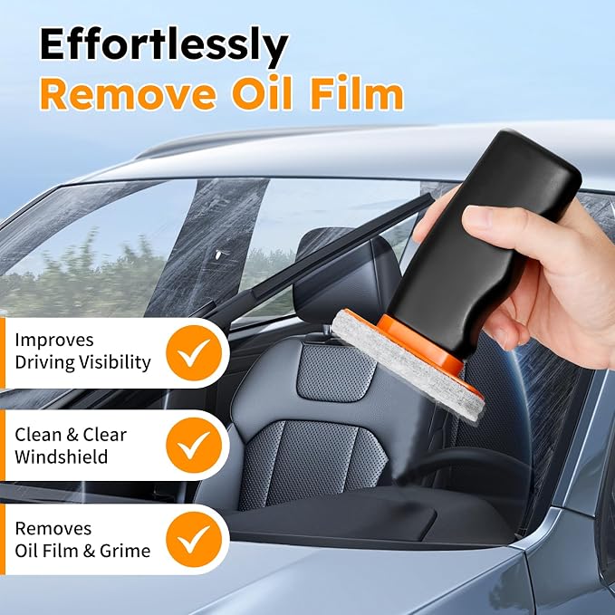 Glass Oil Film Remover for Car Windshield, Handheld Roll-On Glass Emulsion Cleaner with cleaning board, Removes Stubborn Oil Film & Grime for Improved Windshield Clarity for Safe Driving(3.5oz) (1PCS)