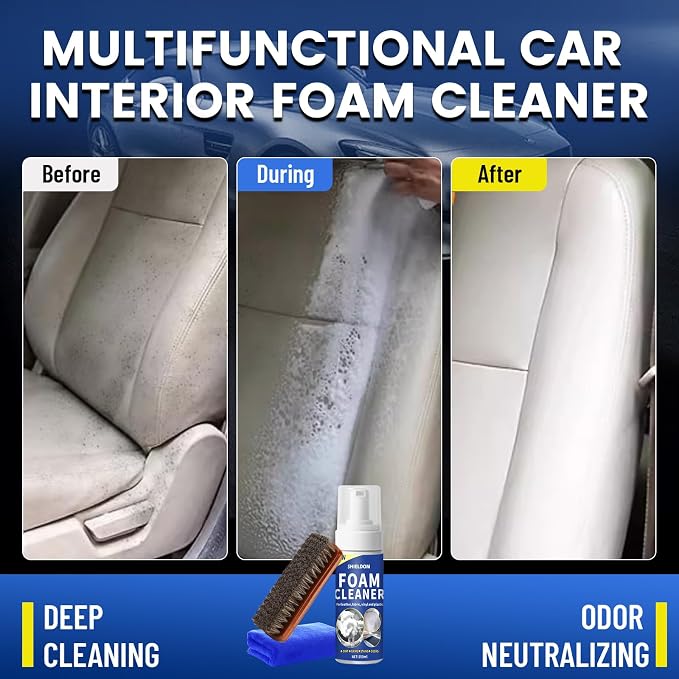 SHIELDOM Car Interior Foam Cleaner Multifunctional Car Seat Cleaner Powerful Carpet Upholstery Stain Remover Kit with Detailing Brush & Towel Safe for Cloth, Leather, Fabric, Vinyl & Plastic 5oz