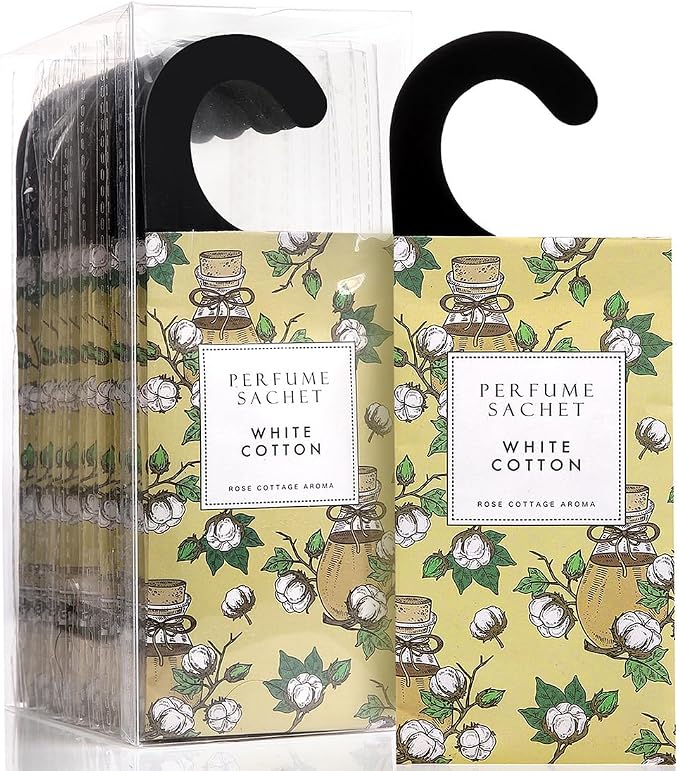 Large 12 Packs White Cotton Hanging Scented Sachets Long-Lasting Closet Deodorizer Air Freshener Fabric Refresher Odor Eliminator for Drawer Home Fragrance Gift Set