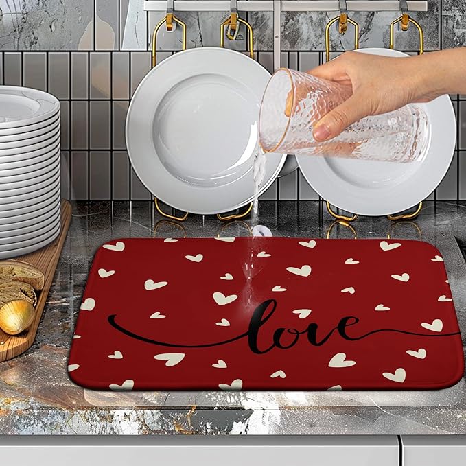 Valentines Day Dish Drying Mat 18x24 Inch Valentine Red Love Heart Drying Mats for Kitchen Counter Super Absorbent Microfiber Medium Dish Drying Pad Heat Resistant Dish Draining Rack Mat