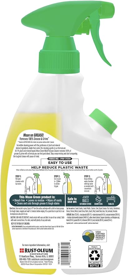 Mean Green Refillable Ultra Powered Multi-Purpose Cleaner Concentrate, Citrus & Green Tea, 14.3 fl oz – Plant & Mineral Based, Cuts Through Grease & Grime, Refillable Bottle Makes 4X Refills