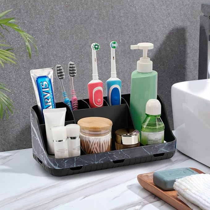 GFWARE Marble Black Toothbrush Holders for Bathrooms - Detachable 7 Slots Bathroom Organizer Countertop Matte Black Electric Toothbrush and Toothpaste Holder for Bathroom Counter Vanity Sink Storage