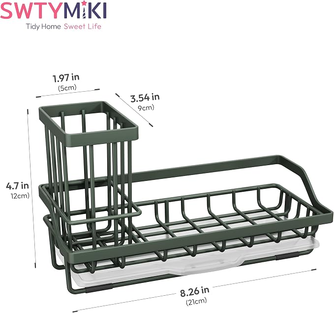 SWTYMIKI Sink Caddy Sponge Holder - Kitchen Sink Organizer with High Brush Holder for Countertop to Hold Dish Soaps and Sponges, Stainless Steel, Green
