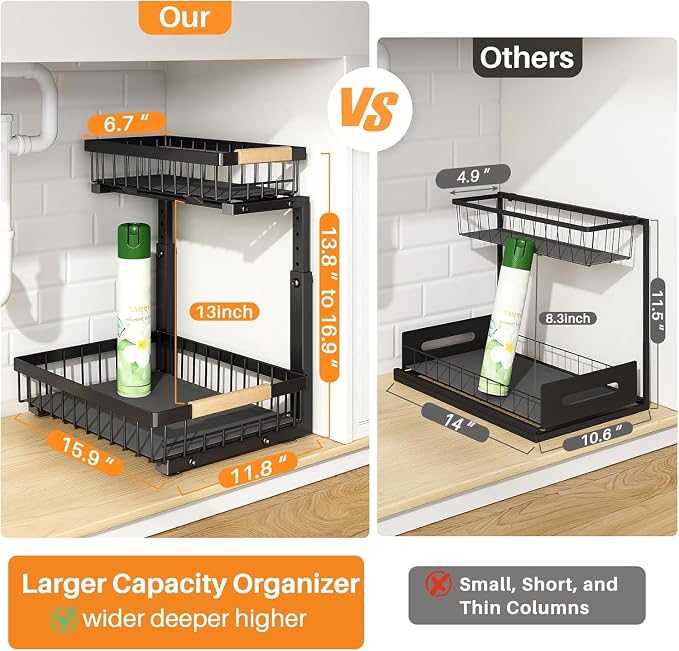 PXRACK Under Sink Organizer, Adjustable Height, 2 Tier Pull Out Under Cabinet Organizer, Slide Out Thickened Metal Under Sink Storage for Kitchen Bathroom Laundry Pantry Cabinet, Black, Large-2-Pack