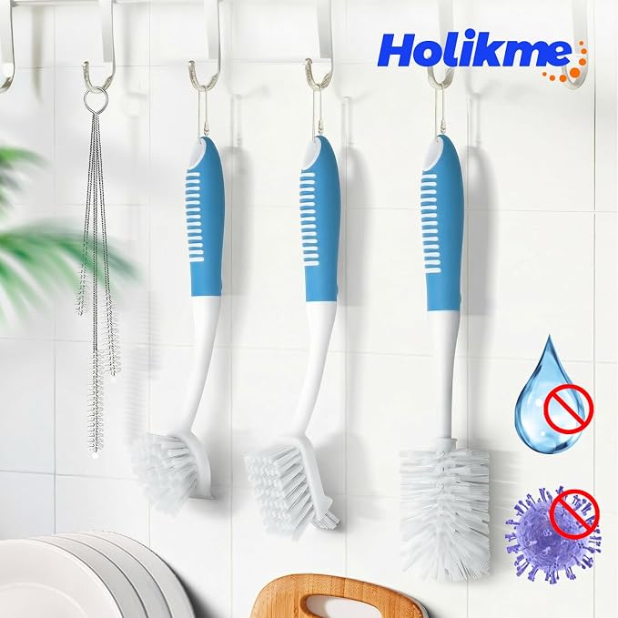 Holikme 6 Pack Dish Brush Set with Bottle Brush, Dish Scrub Brush, Pan Brush and 3 Straw Brushes, Deep Cleaning Handle Brush with Scraper Tip for Kitchen Sink Dishes Bottle Cup Pot and Pans (Azul)