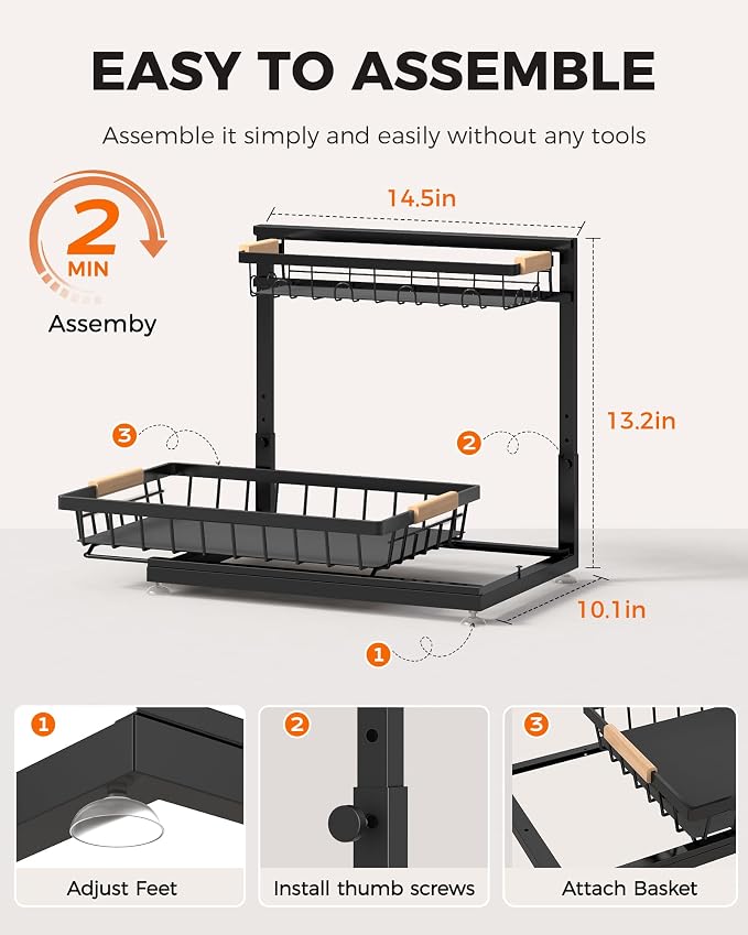 Sevenblue 3 Pack Under Sink Organizer, Height Adjustable 2 Tier Pull-Out Metal Under Kitchen Sink Organizer, Multi-Purpose Storage Shelves for Kitchen Bathroom Cabinet, Black