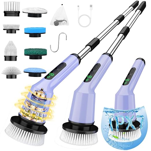 Shower Scrubber with Long Handle, Shower Cleaner Brush with 8 Floor Machine Pads, Cordless Electric Spin Scrubber for Cleaning with 2 Speed, Cleaning Supplies for Bathroom Bathtub Kitchen Floor Toilet