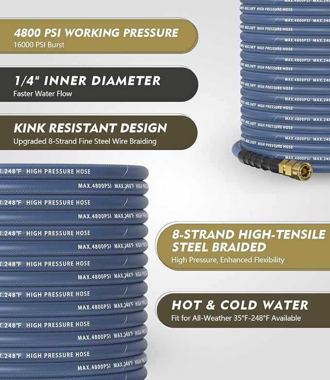Pressure Washer Gun and Hose Kit, 4800PSI Flexible & Kink-Resistant - Steel Braided & Durable High Power Washer Hose 100 FT with 3/8" Swivel Quick Connector and M22 14mm Adapters & 5 Nozzles