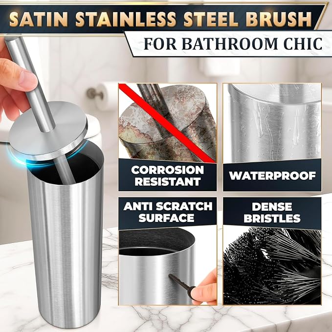 2 Pcs Stylish Stainless Steel Toilet Brush and Holder Set - Silver Toilet Bowl Brush and Holder with Splash Cover, Sturdy Bristles, Corrosion & Scratch Resistant - Elegant Design, Effective Cleaning