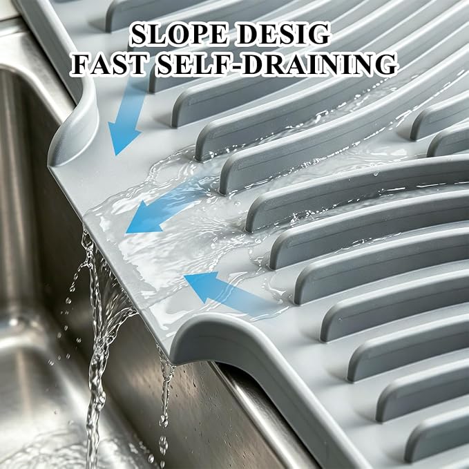 Silicone Dish Drying Mat for Kitchen Counter,16"X13" With Built-in Drain Lip,Food-Grade Silicone, Heat-Resistant Eco-friendly Hygienic Drying Mat Leak-Proof and Non-Slip, Multi-Functional Use（Gray）