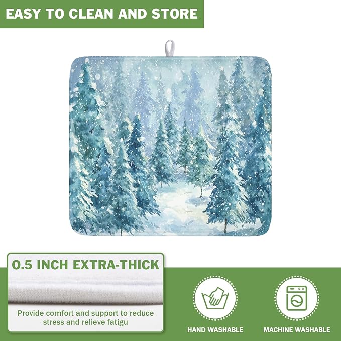 Winter Forest Dish Drying Mat for Kitchen Counter 16x18 Inch | Blue Christmas Pine Trees Snow Scene Dish Drainer Mat Rustic Seasonal Holiday Absorbent Washable Drying Pad